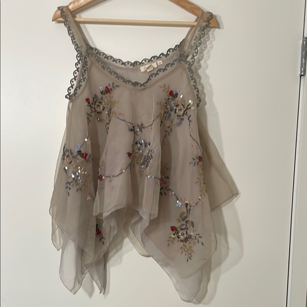 Anthropologie Embroidered Sheer Layered Tank Top
